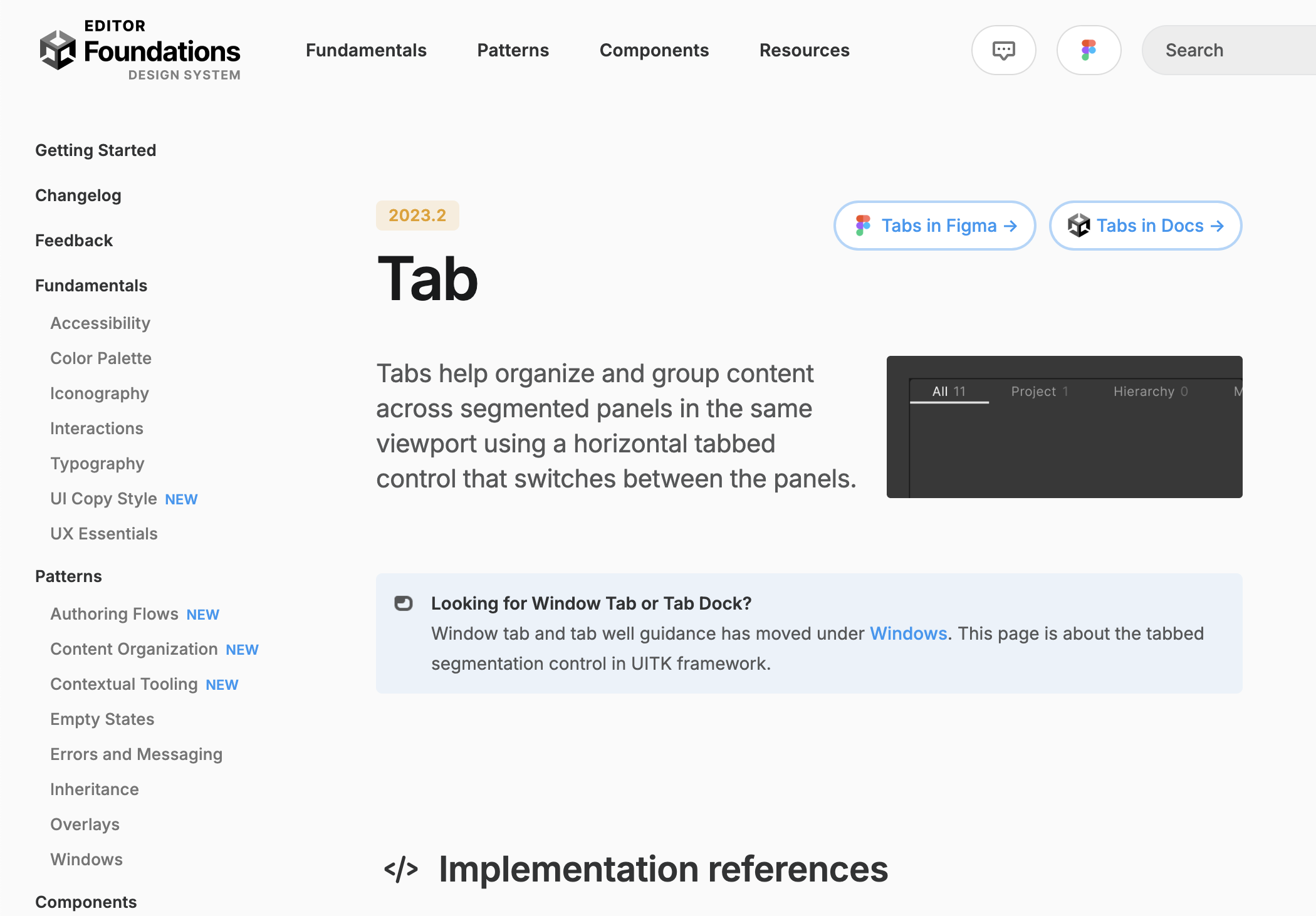 Screenshot of the Tab page of the Unity Editor Design System.