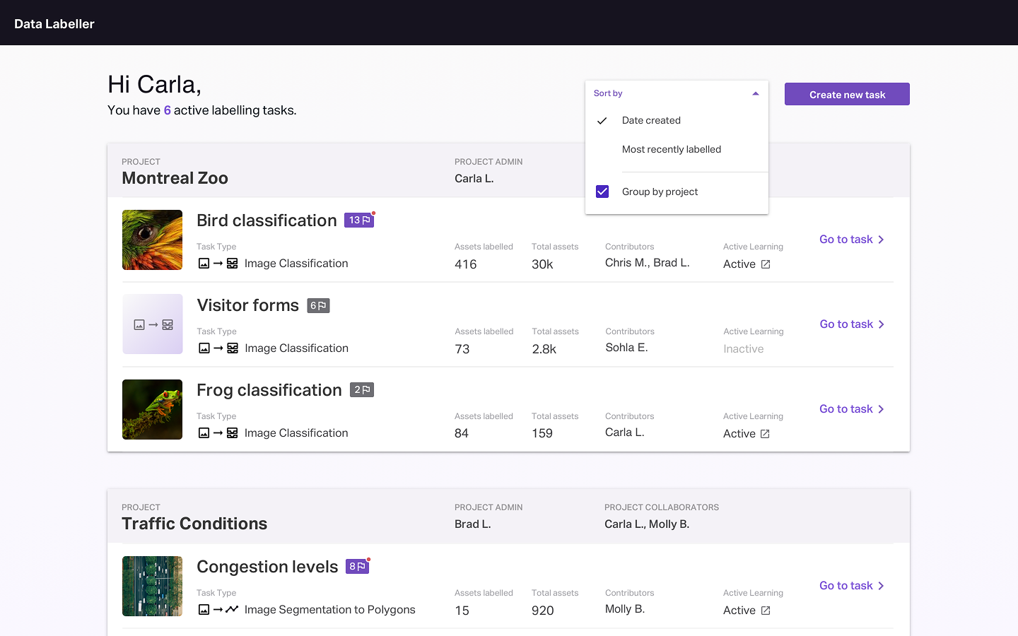 Screenshot of Data Labeller application, a web application that manages AI labelling tasks.