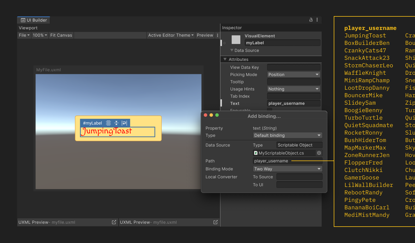 Screenshot of UI Builder application, showcasing the data binding feature.